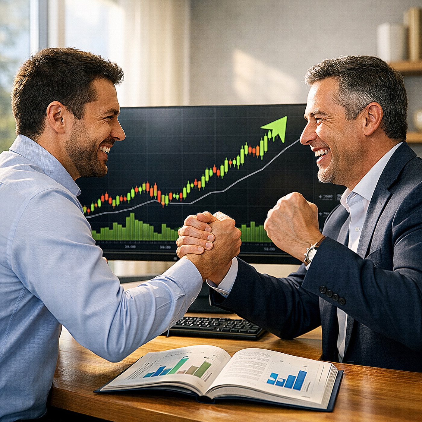 Dos traders cerrando un acuerdo frente a un gráfico alcista.